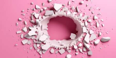Breaking out of a hole in solid Pink wall, torn hole, empty copy space frame, mockup. Generative AI image weber.の素材