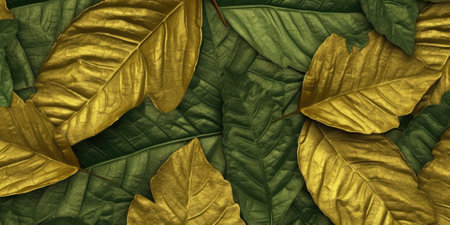 Dry Gold Green leaves Surface textured background, realism, realistic, hyper realistic. Generative AI image weber.の素材