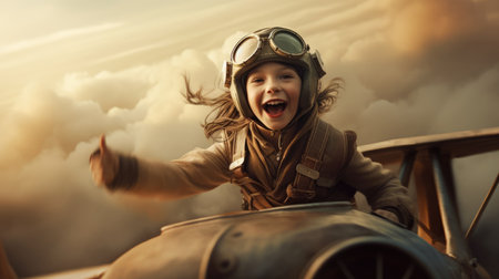 Aviator Girl, excited, flying above clouds in the sky. Generative AI image weber.の素材