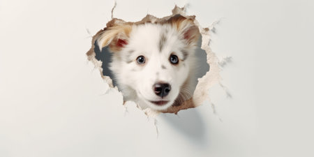 Cute Puppy peeking out of a hole in wall, torn hole, empty copy space frame, mockup. Generative AI image weber.の素材