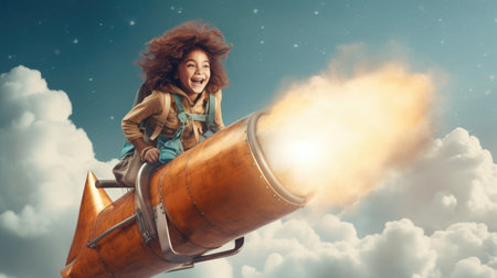 A Girl, excited, flying the rocket above clouds in the sky. Generative AI image weber.の素材