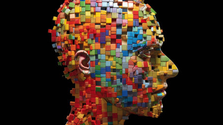 Abstract human head made of unsolved puzzle pieces, maximalism, psychology, brain, neurosis, compulsive. Generative AI image weber.の素材