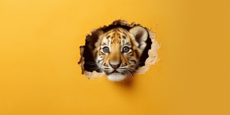 Cute Tiger peeking out of a hole in wall, torn hole, empty copy space frame, mockup. Generative AI image weber.の素材