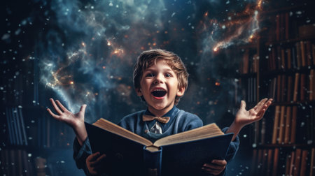 Boy excited with an opened magical book with wave of astral magical elements flowing out. Generative AI image weber.の素材
