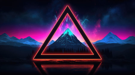 Glowing neon triangle frame over abstract landscape. Generative AI image weber.の素材