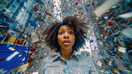 Overwhelming information data explode out of head of young human brain, too much media, too much information, maximalism, news, social media addiction. Generative AI image weber.の素材