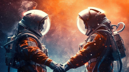 Astronaut couple holding each other's hands on space sky background, imagination of love passion fantasy. Generative AI image weber.の素材