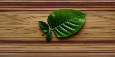 Flat lay photo brown wooden and green leaf around it, copy space background. Generative AI image weber.の素材