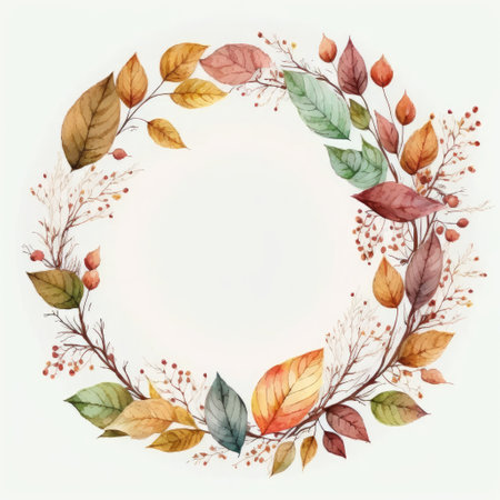 Circle frame with autumn leaves watercolor painted isolated on white background. Theme of vintage minimal art design in geometric. Finest generative AI.の素材