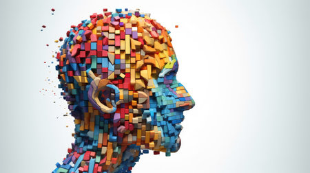 Abstract human head made of unsolved puzzle pieces, maximalism, psychology, brain, neurosis, compulsive. Generative AI image weber.の素材