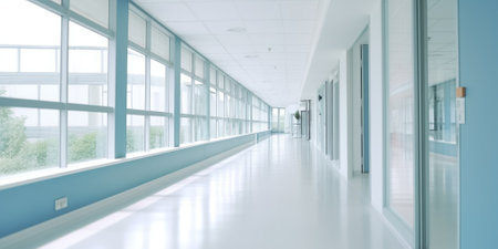 Hospital corridor with windows and blue walls, in the style of bokeh, light gray, bauhaus, light white, skillful. Generative AI image weber.の素材