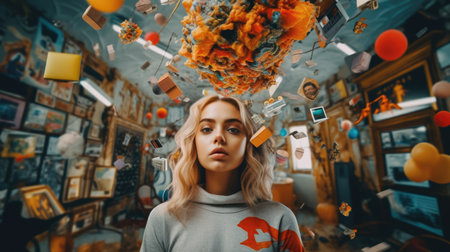 Overwhelming information data explode out of head of young human brain, too much media, too much information, maximalism, news, social media addiction. Generative AI image weber.の素材