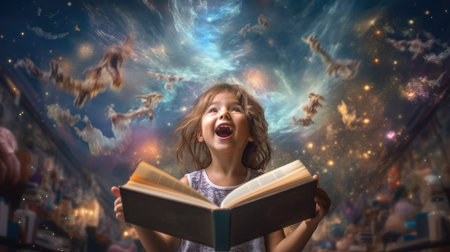 Girl excited with an opened magical book with wave of astral magical elements flowing out. Generative AI image weber.の素材