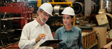 Metalwork manufacturing factory manager inspecting industrial steel machinery and overseeing while...