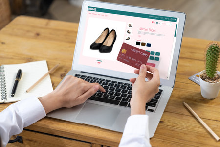 Woman shopping online on internet marketplace browsing for sale items for modern lifestyle and use...