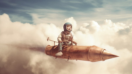 A boy, excited, flying the rocket above clouds in the sky. Generative AI image weber.の素材