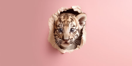 Cute Tiger peeking out of a hole in wall, torn hole, empty copy space frame, mockup. Generative AI image weber.の素材