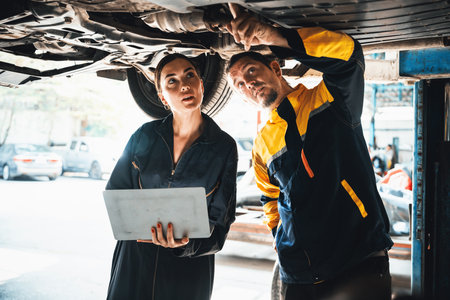 Two vehicle mechanic working together underneath lifted car, conduct car inspection with laptop. Automotive service technician in uniform carefully make diagnostic troubleshooting. Oxusの写真素材