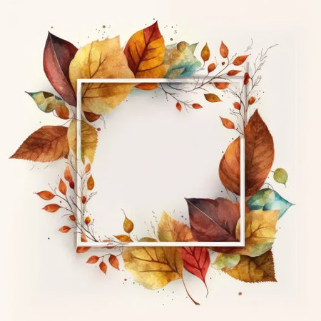 Square frame with autumn leaves watercolor painted isolated on white background. Theme of vintage minimal art design in geometric. Finest generative AI.の素材