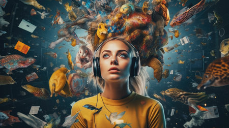 Overwhelming information data explode out of head of young human brain, too much media, too much information, maximalism, news, social media addiction. Generative AI image weber.の素材