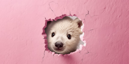 Cute Bear peeking out of a hole in wall, torn hole, empty copy space frame, mockup. Generative AI image weber.の素材