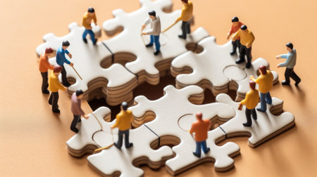Miniature business people connecting many puzzle, top view, concept of teamwork. Generative AI image weber.の素材