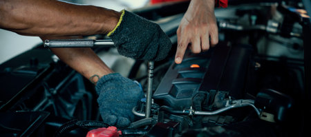 Panoramic banner automotive service mechanic inspect and diagnose car engine issue, repairing and fixing problem in workshop. Technician car care maintenance working on internal components. Oxusの写真素材