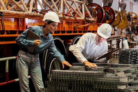 Metalwork manufacturing factory manager oversees highest quality of metal or steel frame for heavy...