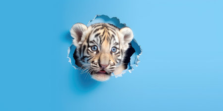 Cute Tiger peeking out of a hole in wall, torn hole, empty copy space frame, mockup. Generative AI image weber.の素材