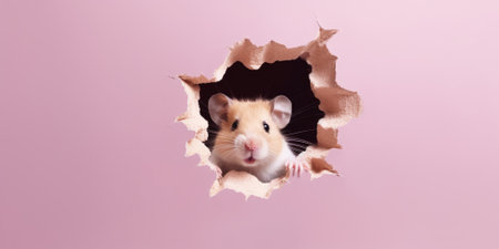 Cute Hamster peeking out of a hole in wall, torn hole, empty copy space frame, mockup. Generative AI image weber.の素材