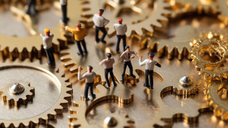 Miniature business people connecting many gears, top view, concept of teamwork. Generative AI image weber.の素材