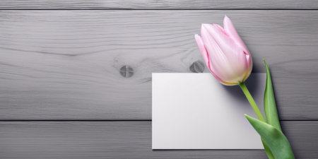 Mockup blank white paper with pink tulip, Copy space. Generative AI image weber.の素材