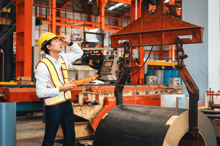 Machine operator skillfully operate steel forming machinery, making cylinder rolled steel for heavy construction engineering material in metalwork manufacturing factory. Exemplifyingの写真素材