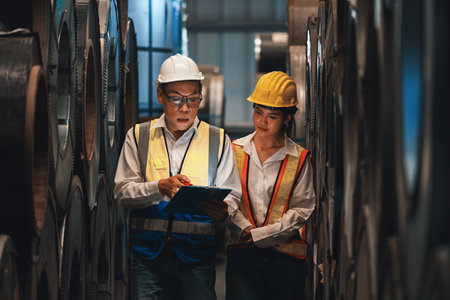 Warehouse inventory management in metalwork factory with engineer or inspector conduct storage check...