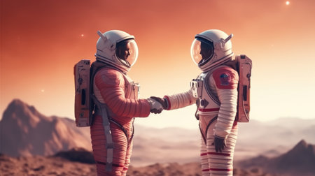 Astronaut couple holding each others hands on space sky background, imagination of love passion fantasy. Generative AI image weber.の素材