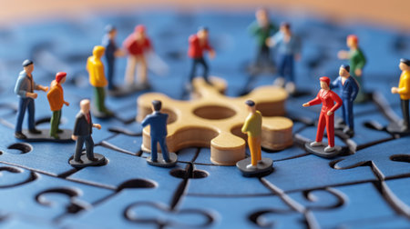 Miniature business people connecting many puzzle, top view, concept of teamwork. Generative AI image weber.の素材