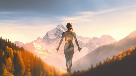 Woman in Yoga Full Body Backlit Pose in the breath taking Alpine. Generative AI image weber.の素材