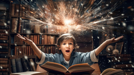 Boy excited with an opened magical book with wave of astral magical elements flowing out. Generative AI image weber.の素材