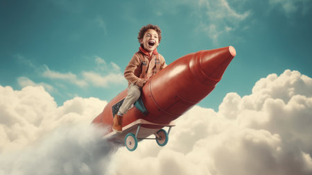 A boy, excited, flying the rocket above clouds in the sky. Generative AI image weber.の素材