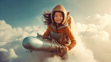 A Girl, excited, flying the rocket above clouds in the sky. Generative AI image weber.の素材
