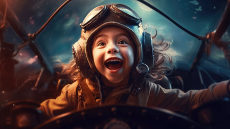 Aviator Girl, excited, flying above clouds in the sky. Generative AI image weber.の素材