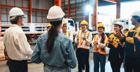 Happiness and joyful atmosphere, smiling factory worker and engineer celebrate with factory...