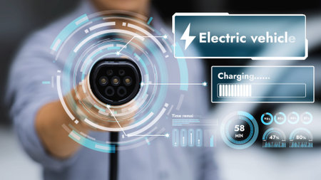 Focus hand pointing EV charger in front of camera display smart battery status hologram in blurry background. Electric car charger using clean energy reducing CO2 emission.Peruseの写真素材