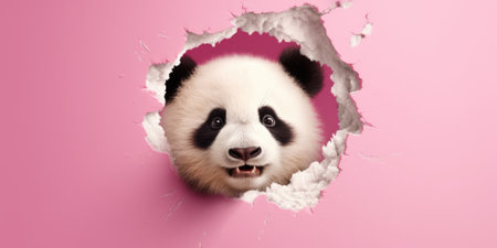 Cute Panda peeking out of a hole in wall, torn hole, empty copy space frame, mockup. Generative AI image weber.の素材