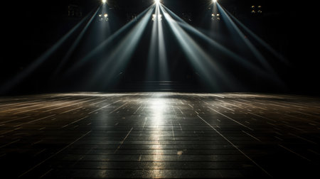 Spotlighs shine on stage in the dark room. Generative AI image weber.の素材