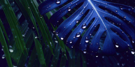 Dark Blue palm leaves dramatic photo effect background, realism, realistic, hyper realistic. Generative AI image weber.の素材