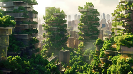 Environmental awareness city with vertical forest concept of metropolis covered with green plants. Civil architecture and natural biological life combination.Generative AI image weber.の素材