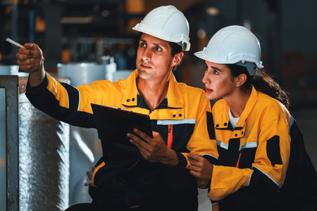 Two factory workers or engineers conduct professional inspection on machine or procedure in chemical plant, chemistry factory workplace and industrial profession concept. Exemplifyingの写真素材