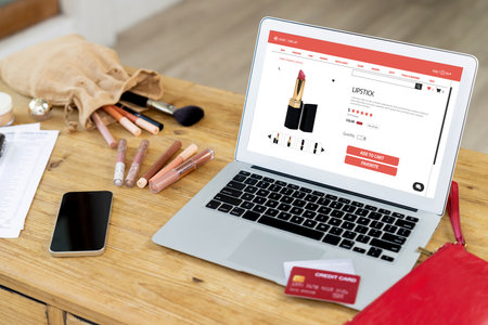 Woman shopping online on internet marketplace browsing for sale items for modern lifestyle and use credit card for online payment from wallet protected by crucial cyber security softwareの写真素材