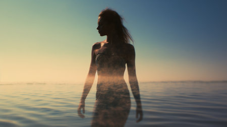 Woman in Yoga Full Body Backlit Pose in the breath taking Ocean. Generative AI image weber.の素材